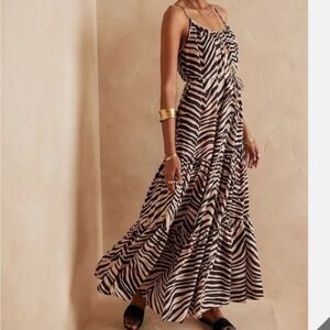 Banana Republic Heritage 100% Silk Safari Zebra Canna Maxi Dress Pockets Size 4